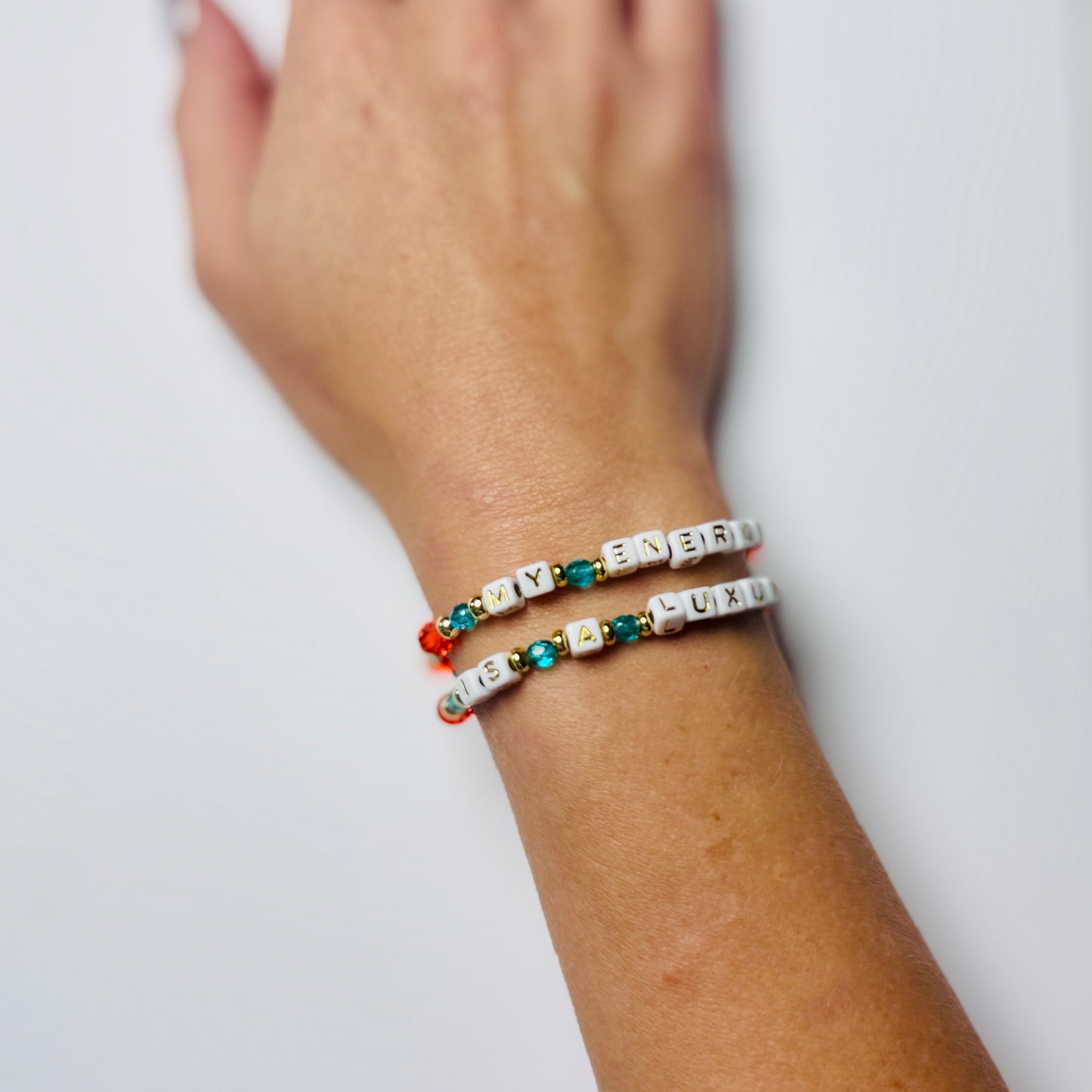 My Energy Is Luxury – Double-Layer Beaded Affirmation Bracelet, Handmade Inspirational Jewelry, Orange, Teal Green, Showgirl Era