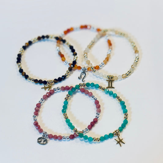 Zodiac Crystal Bracelet with Sign Charm | Personalized Astrology Bracelet: 4mm Faceted Gemstone Beads, Gold or Silver Zodiac Jewelry
