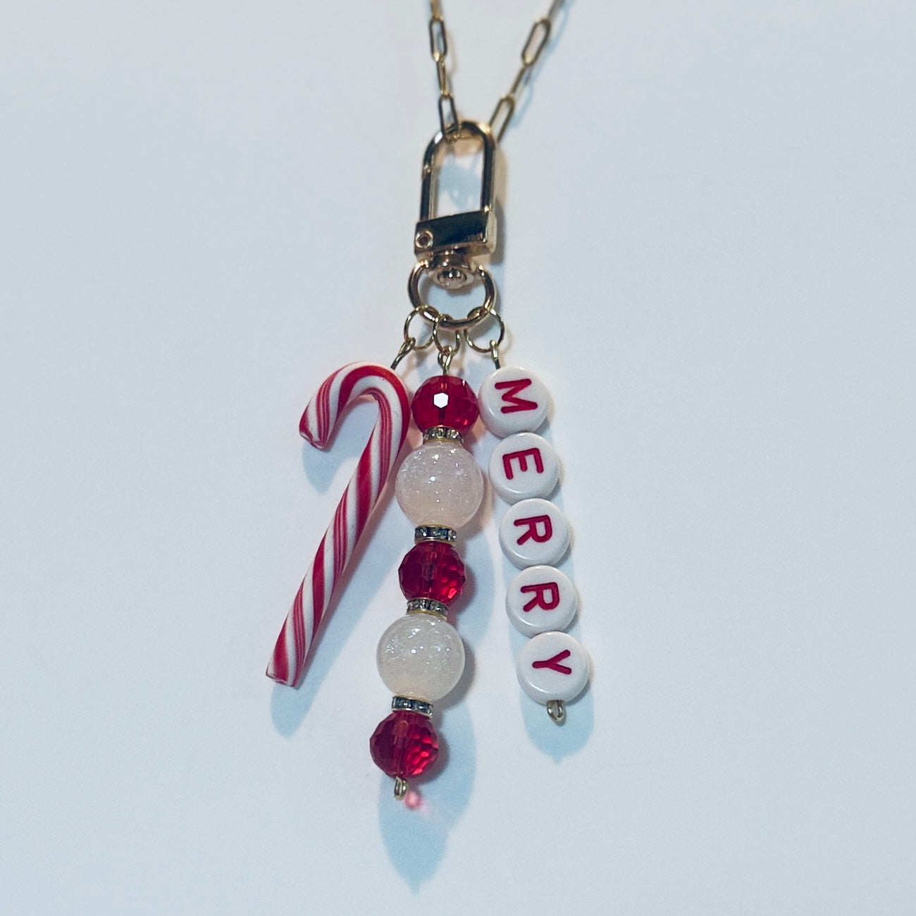 Merry Bag Charm: Christmas Candy Cane Charm with Red and White Beads Keychain
