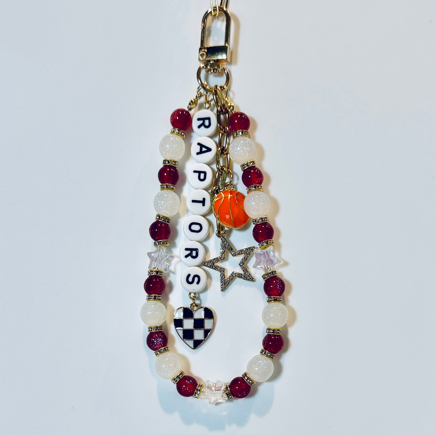 Raptors Basketball Bag Charm: Handmade Red and White Beaded Keychain with Charms