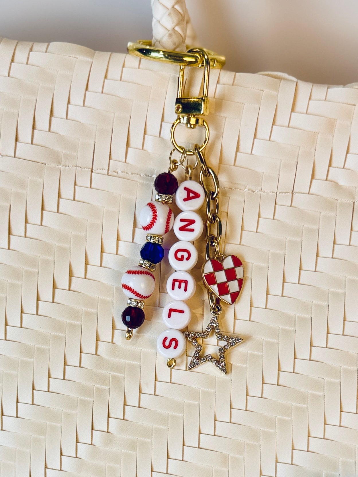 Baseball Beaded Bag Charm: Baseball Keychain with Letter Beads