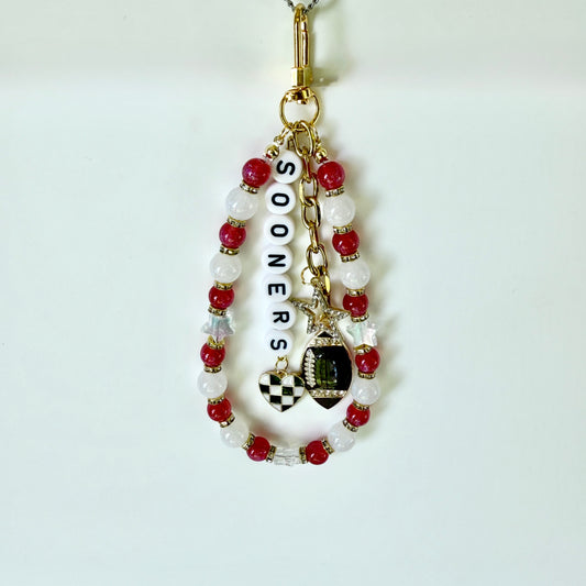 Sooners College Football Bag Charm – Crimson & White Beaded Keychain with Charms – Game Day Purse Clip – Handmade Fan Gift
