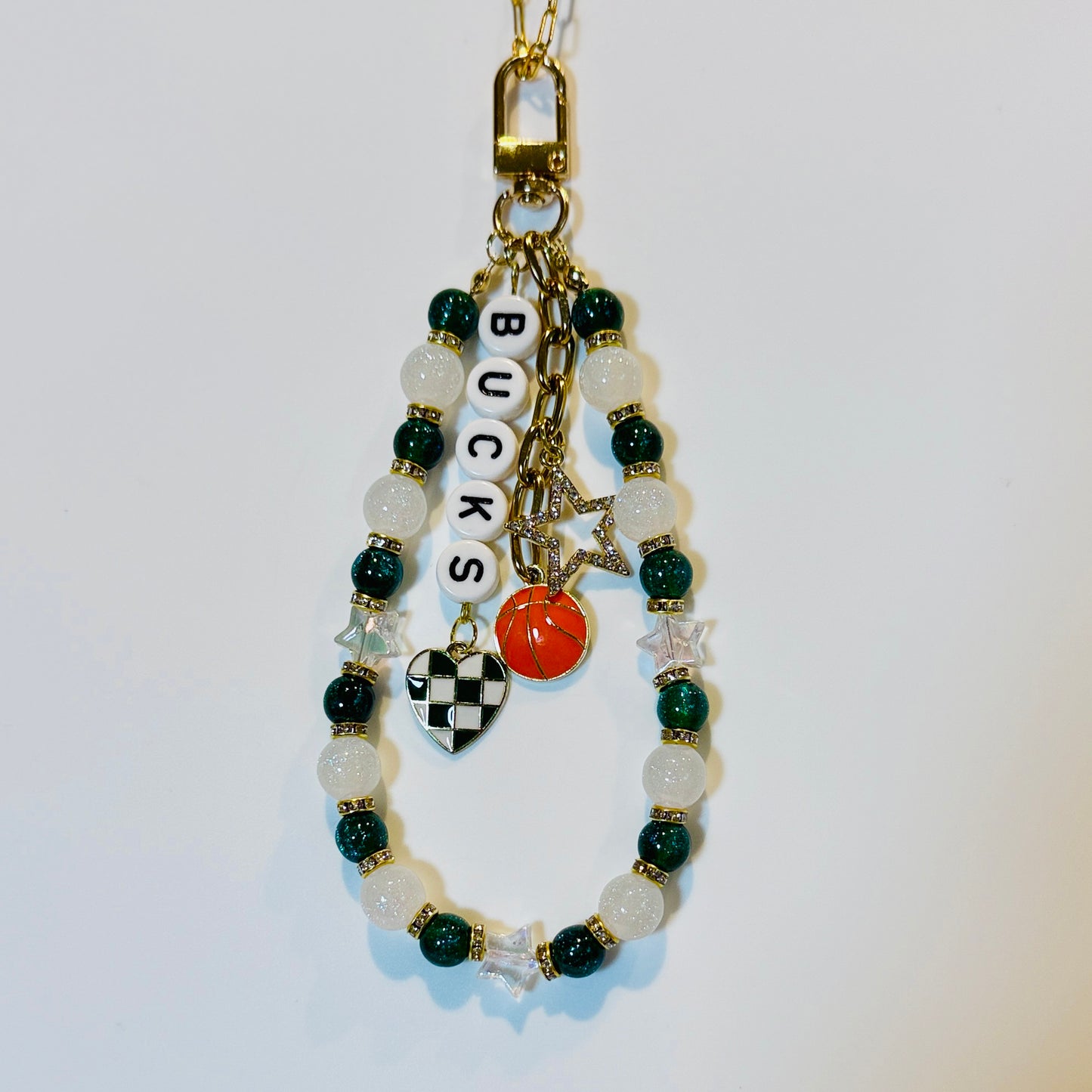 Bucks Basketball Deluxe Bag Charm: Handmade Green and White Beaded Keychain with Charms