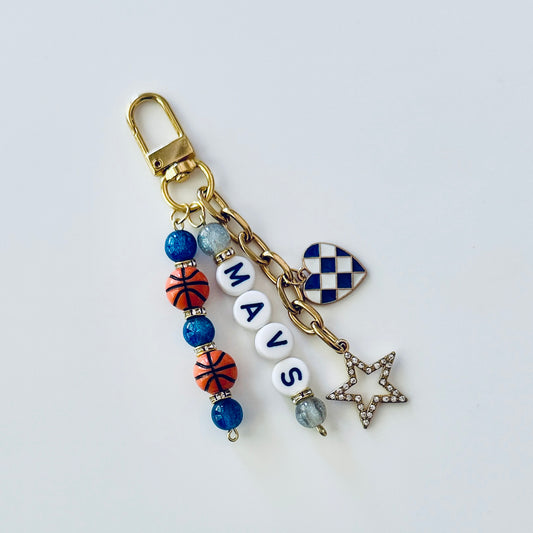Mavericks Basketball Keychain – Gold, Blue & Gray Beaded Keychain with Star and Heart Charms
