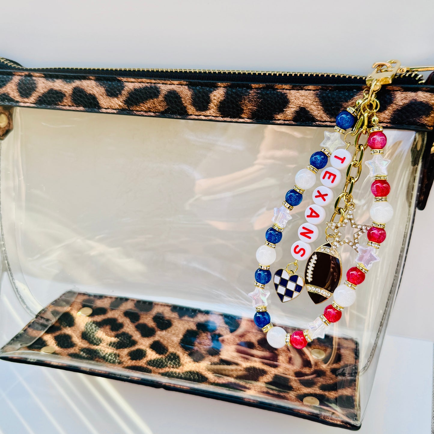 Texans Beaded Bag Charm or Gold Chain – Red White Blue Football Purse Accessory, 6” Charm, 12.5” Chain, Custom Game Day Bag Jewelry
