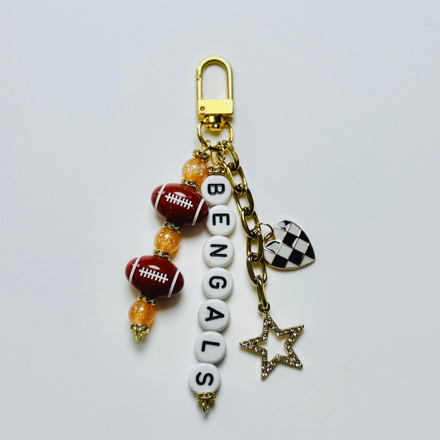 Bengals Football Beaded Keychain – Gold Bag Charm with Letter Beads, Football Beads, & Enamel Heart