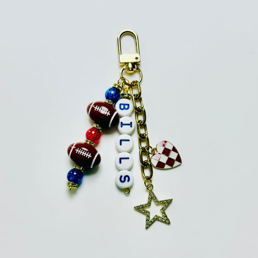 Bills Football Beaded Keychain – Gold Bag Charm with Letter Beads, Football Beads, & Enamel Heart