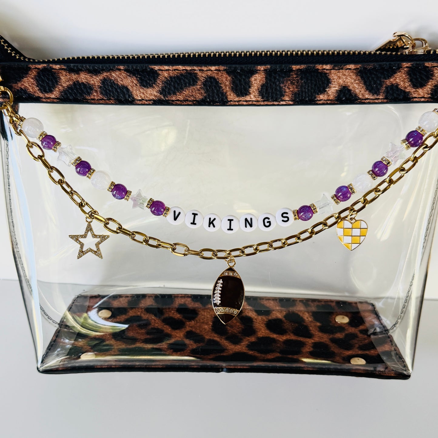 Vikings Football Bag Charm – Handmade Beaded Keychain with Purple and Gold Star Charms – Football Fan Gift – Backpack Zipper Pull – Sports Accessory