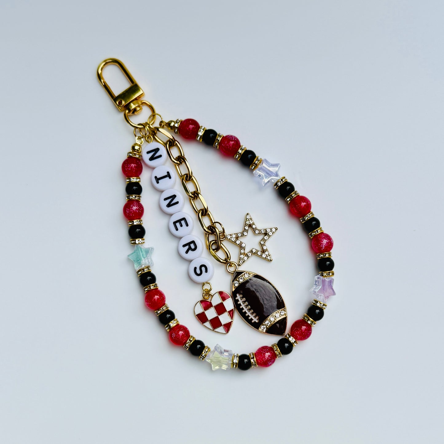 Niners Beaded Bag Charm or Gold Chain – Red & Black Football Purse Accessory, 6” Charm, 12.5” Chain, Game Day Bag Jewelry
