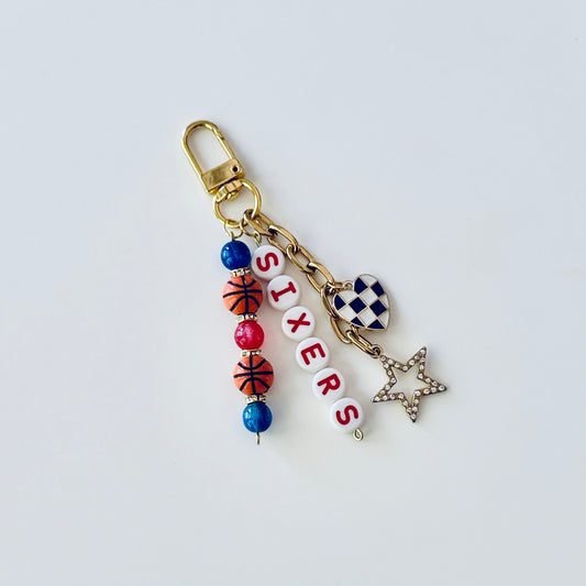 Sixers Basketball Keychain – Gold, Red & Blue Beaded Keychain with Star and Heart Charms