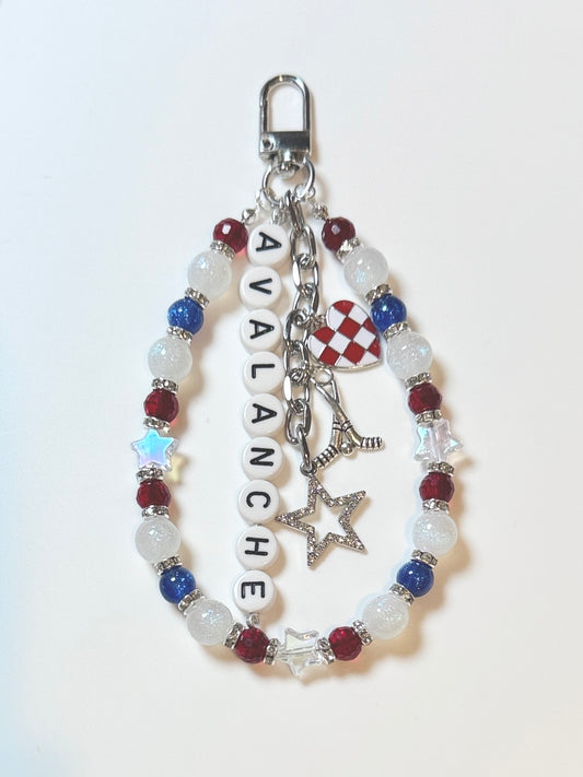 Avalanche Hockey Bag Charm: Red, Blue Beaded Keychain with Hockey Charms