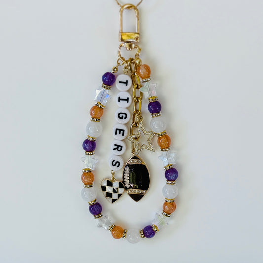 Tigers College Football Bag Charm – Purple, Orange & White Beaded Keychain with Charms – Game Day Purse Clip – Handmade Gift