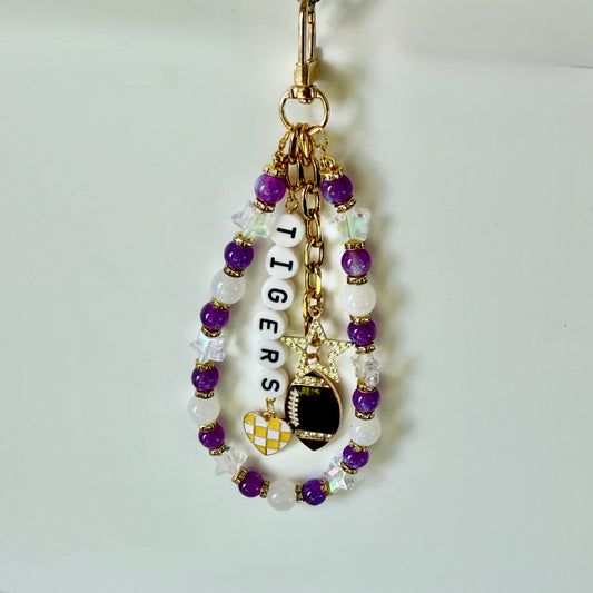 Tigers Football Bag Charm – Purple & Gold Beaded Keychain with Charms – College Game Day Purse Accessory – Handmade Gift