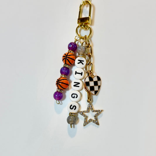 Kings Basketball Bag Charm – Gold, Purple and Gray Beaded Keychain with Star and Heart Charms