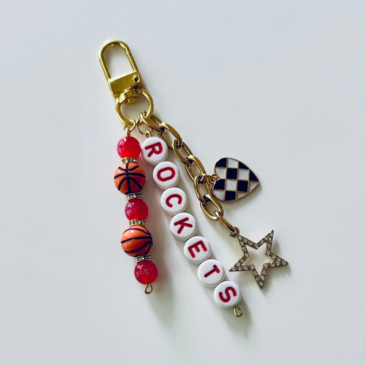 Rockets Basketball Keychain – Gold, Red Beaded Keychain with Star and Heart Charms