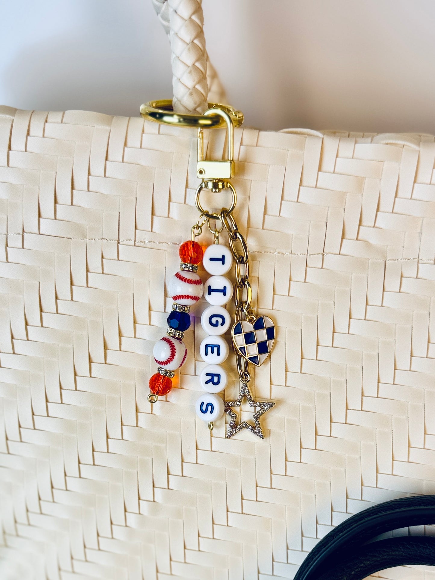 Baseball Beaded Bag Charm: Baseball Keychain with Letter Beads