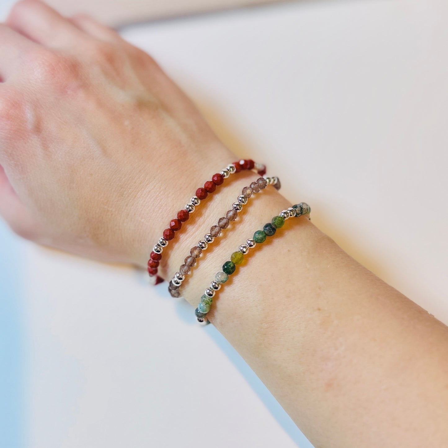 Grounding Crystal Bracelet Stack – Red Jasper, Smoky Quartz & Moss Agate