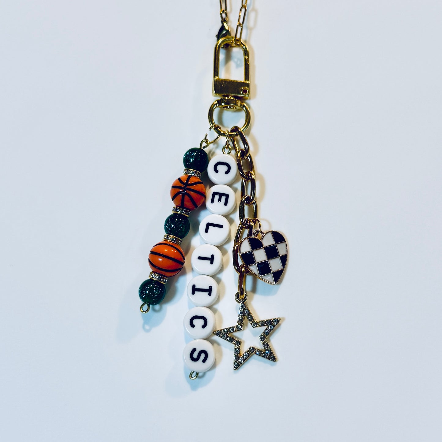 Celtics Basketball Bag Charm – Gold, Green box and White Beaded Keychain with Star and Heart Charms