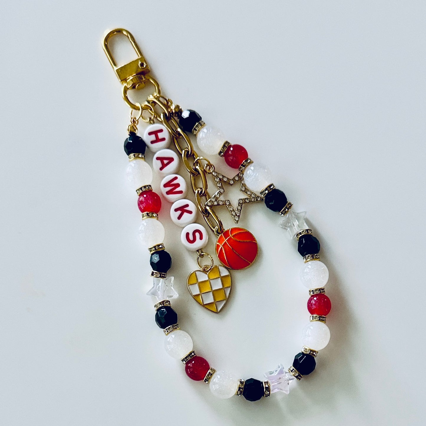 Hawks Beaded Bag Charm: Red & White Keychain with Football, Heart and Star Charms