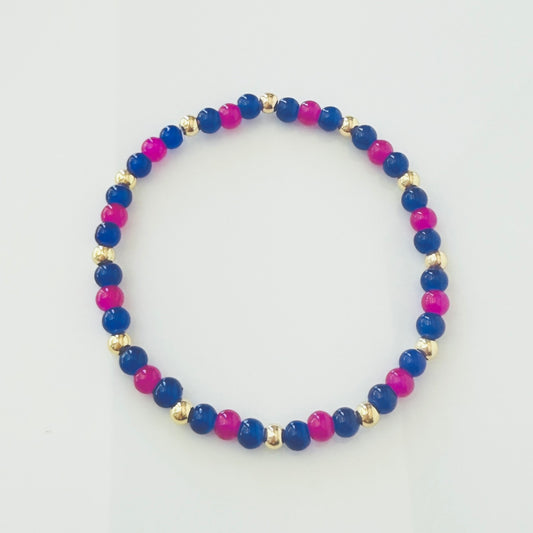 Feminist Support Bracelet: Pink & Blue Glass Beads, Gold Accents