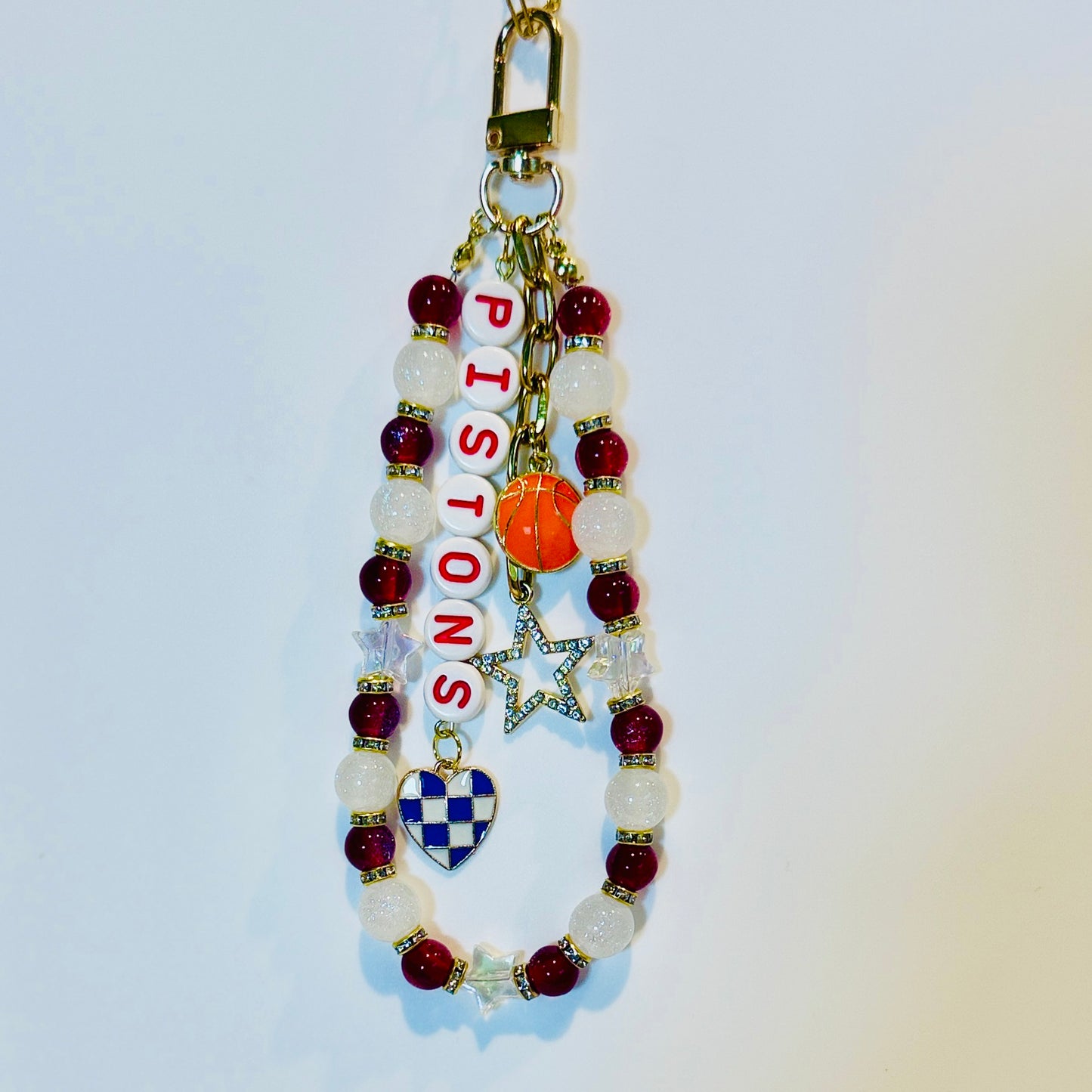 Pistons Basketball Bag Charm: Handmade Red and White Beaded Keychain with Charms