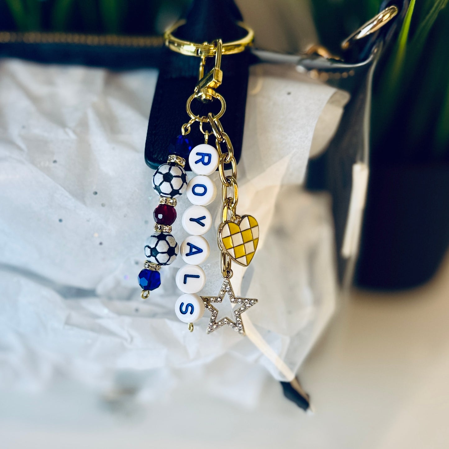 Royals Soccer Bag Charm: Blue and Black Beaded Keychain, Gold Keychain with Star and Heart Charms