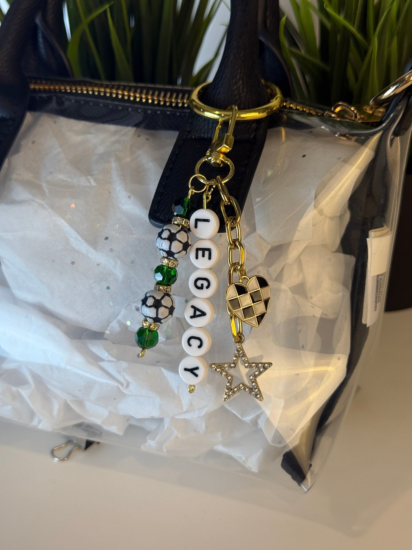 Legacy Soccer Bag Charm: Green and Black Beaded Keychain, Gold Keychain with Star and Heart Charms