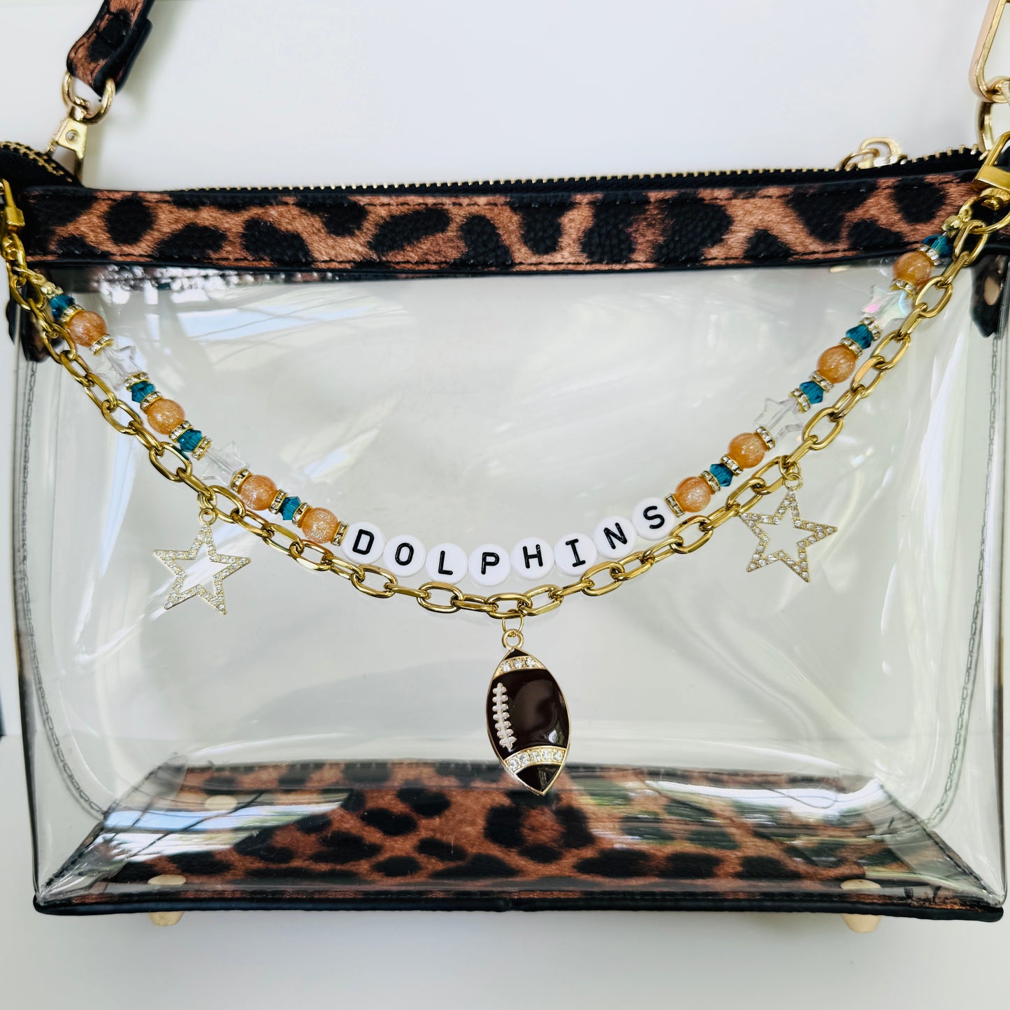 Dolphins Football Bag Charm or Chain – Teal & Gold Beaded Keychain or Purse Clip – Game Day Stadium Bag Accessory – Handmade Gift