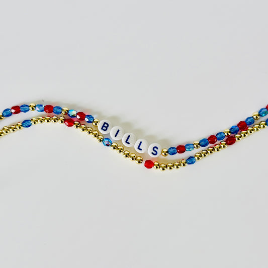 Blue, Red and Gold Bills Football Inspired Bracelet Stack – Czech Fire Polished Beads, 18k Gold Accents – Handmade Game Day Jewelry