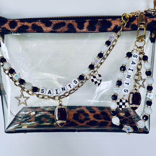 Saints Beaded Bag Charm or Gold Chain: Football Purse Accessory