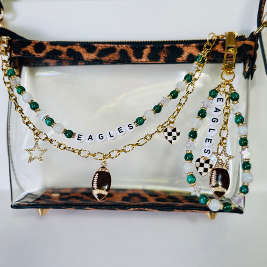 Eagles Green & White Beaded Bag Charm or Gold Chain – Football Purse Accessory, 6” Beaded Charm, 12.5” Chain, Custom Game Day Fit