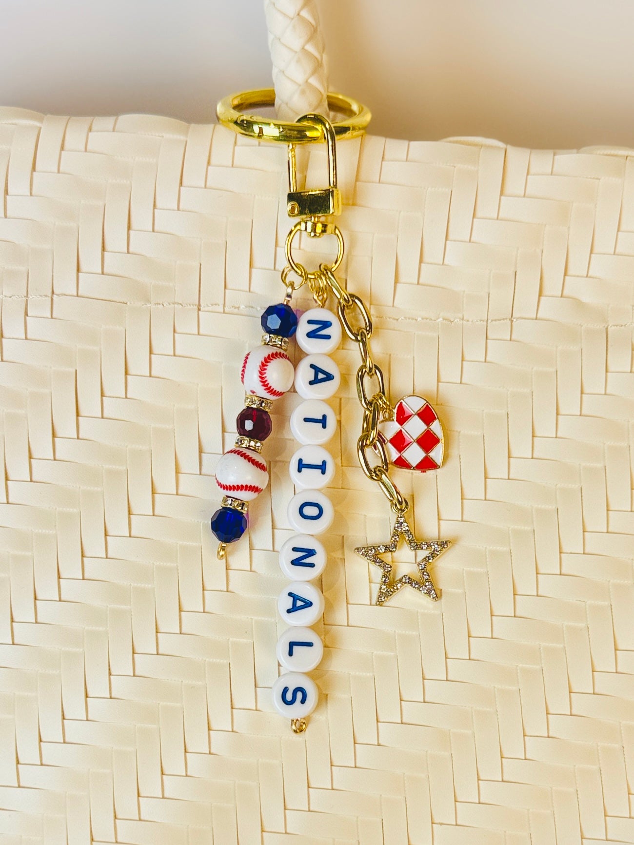 Baseball Beaded Bag Charm: Baseball Keychain with Letter Beads