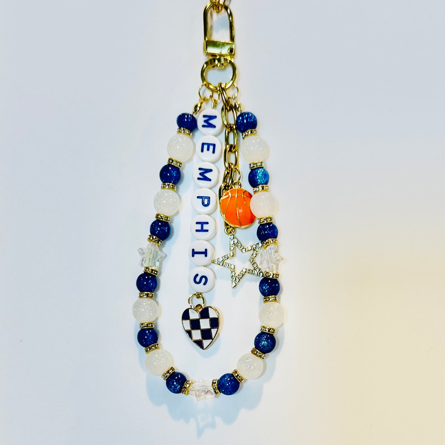 Memphis Basketball Bag Charm: Handmade Blue and White Beaded Keychain with Charms