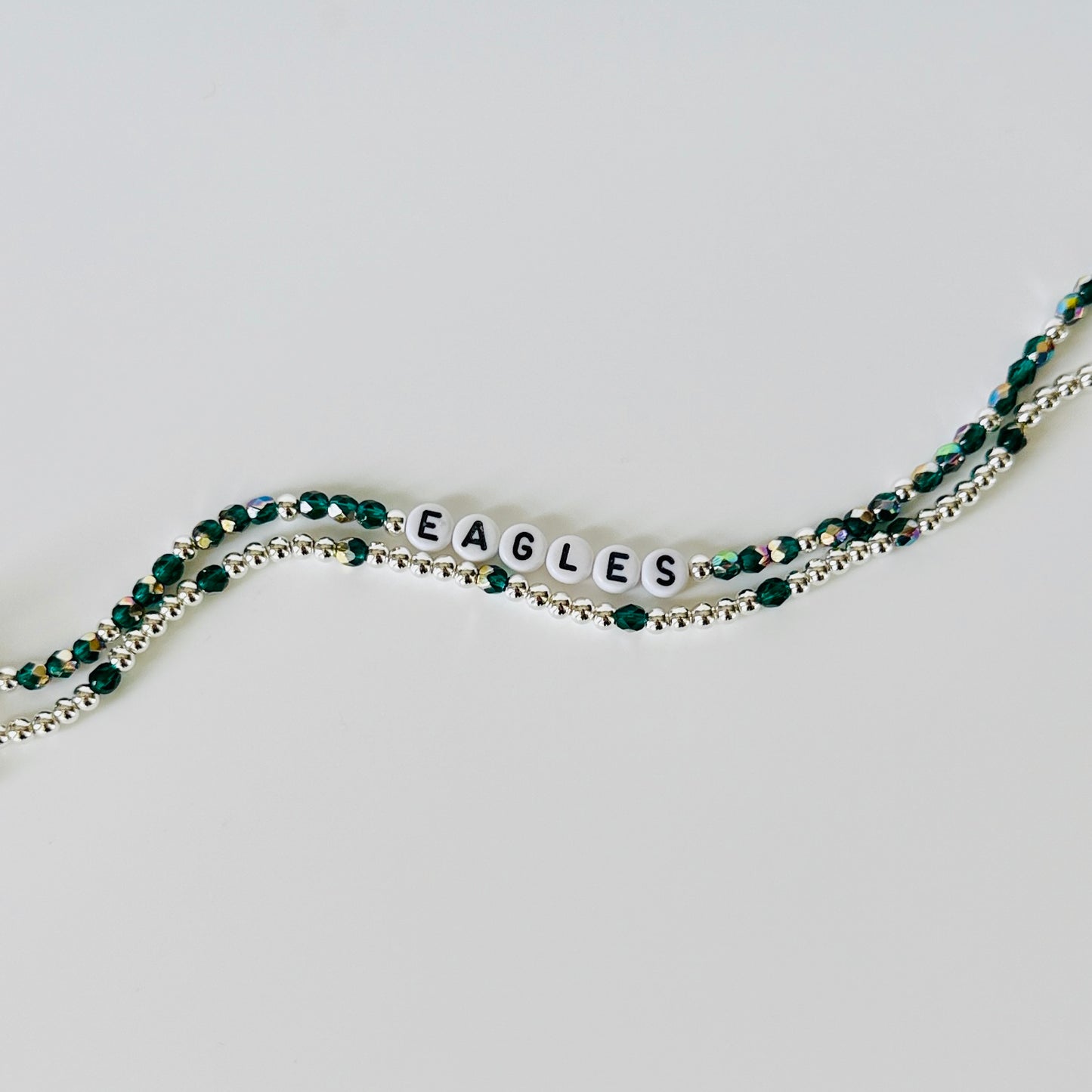 Green and Silver Eagles Football Inspired Bracelet Stack – Czech Fire Polished Beads, Silver- Plated Accents – Handmade Game Day Jewelry