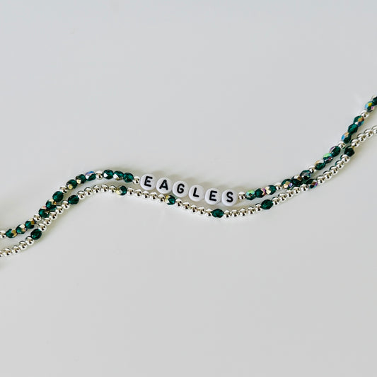 Green and Silver Eagles Football Inspired Bracelet Stack – Czech Fire Polished Beads, Silver- Plated Accents – Handmade Game Day Jewelry
