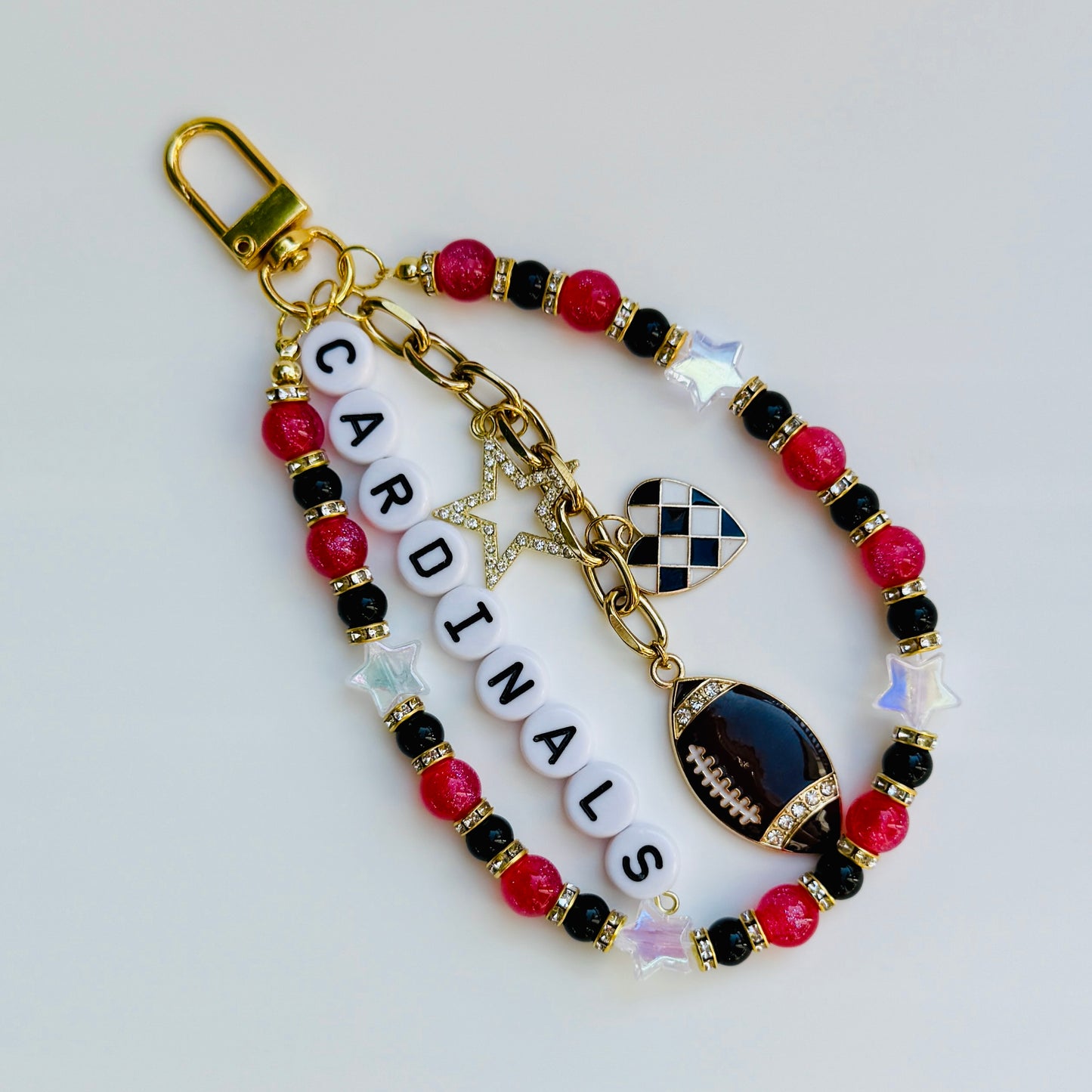 Cardinals Beaded Bag Charm or Gold Chain – Red & Black Football Purse Accessory, 6” Charm, 12.5” Chain, Custom Game Day Bag Jewelry