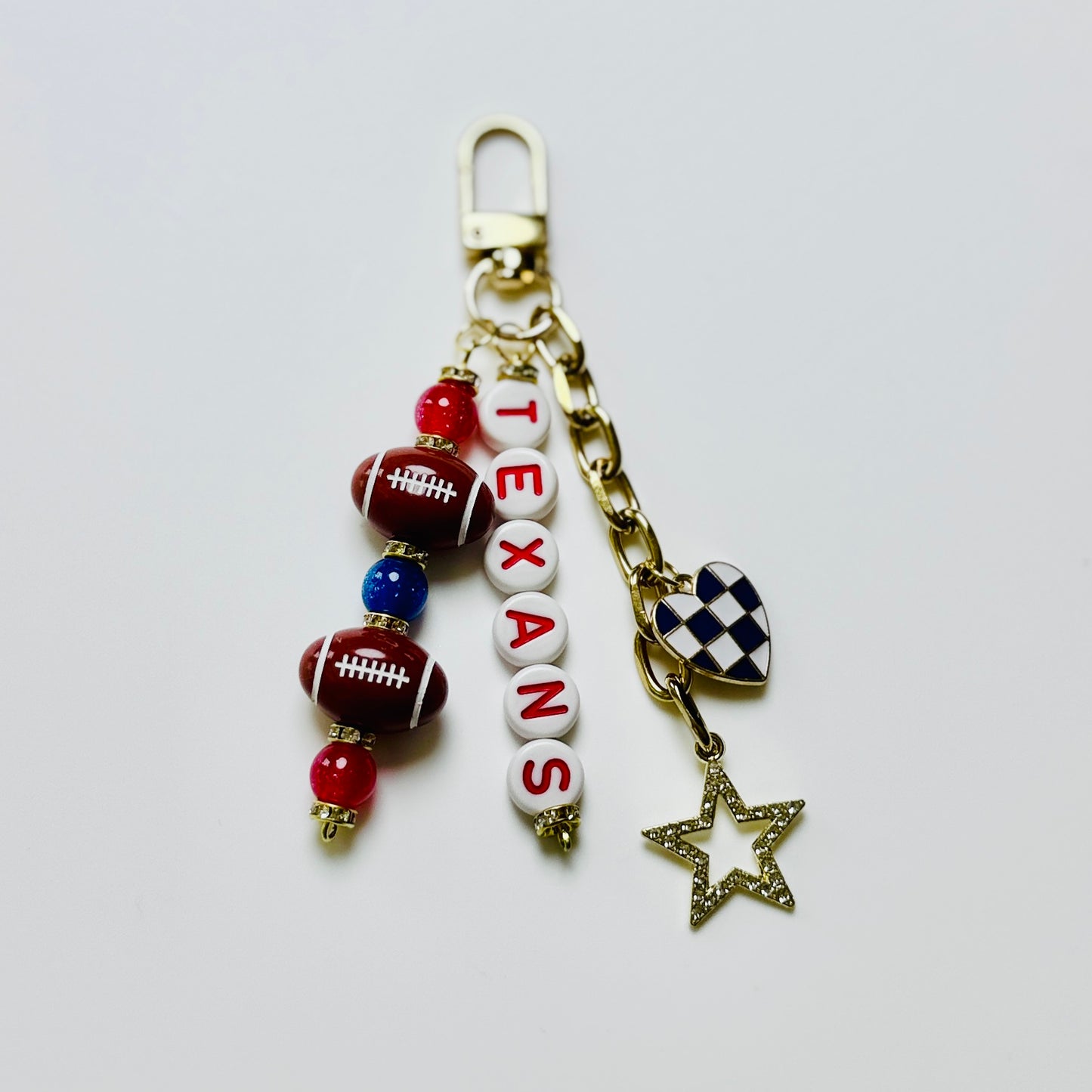 Texans Football Beaded Keychain – Gold Bag Charm with Letter Beads, Football Beads, & Enamel Heart