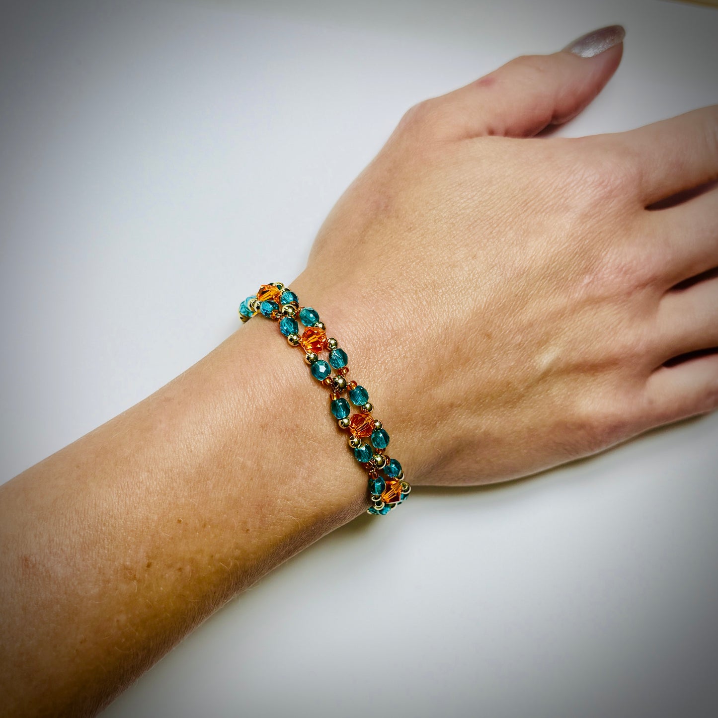 Showgirl Era Beaded Bracelet – Teal Green Czech Glass and Orange Crystal with 18k Gold Plated Beads, Stretch or Lobster Clasp