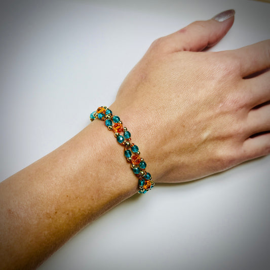 Showgirl Era Beaded Bracelet – Teal Green Czech Glass and Orange Crystal with 18k Gold Plated Beads, Stretch or Lobster Clasp