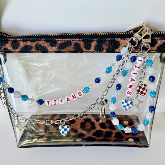 Titans Football Bag Charm or Chain – Blue & White Beaded Keychain or Purse Accessory – Game Day Stadium Bag Clip – Handmade Gift