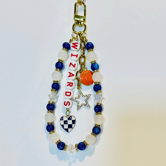 Wizards Basketball Bag Charm: Handmade Blue and White Beaded Keychain with Charms
