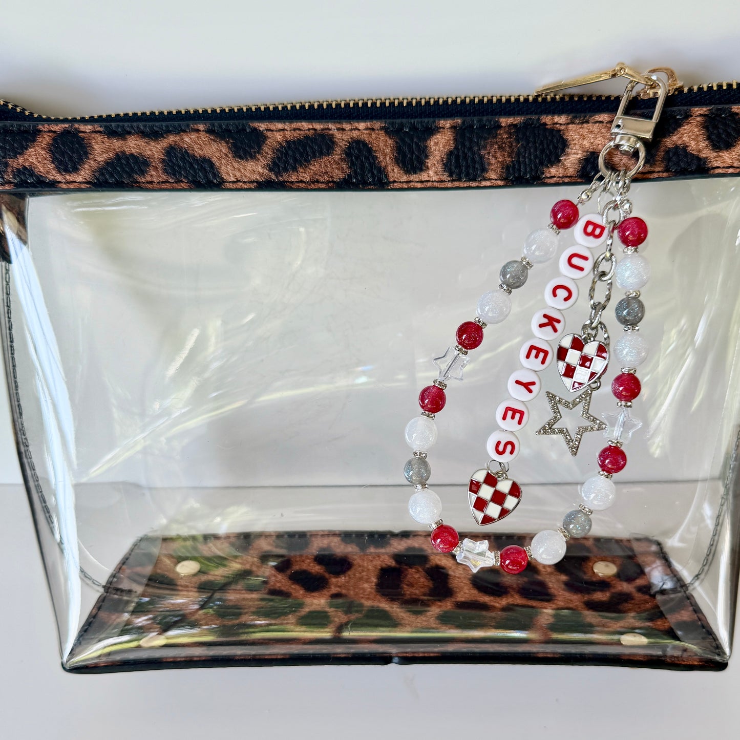 Buckeyes College Football Bag Charm – Red, White & Gray Beaded Keychain with Charms – Game Day Purse Clip – Handmade Gift