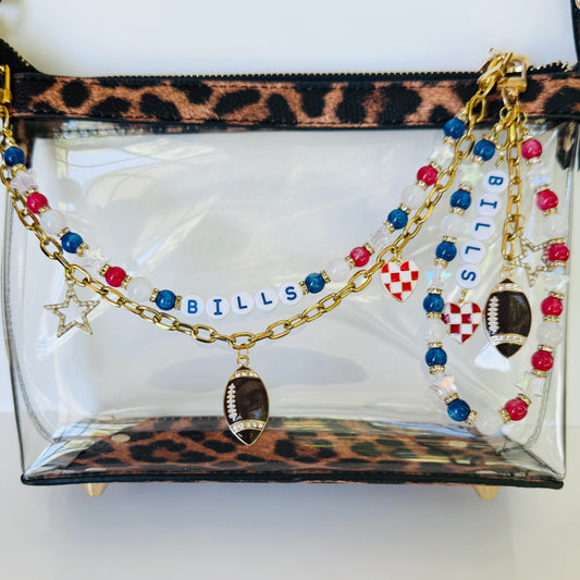 Bills Beaded Bag Charm or Gold Chain – Red White Blue Football Purse Accessory, 6” Charm, 12.5” Chain, Custom Game Day Bag Bling