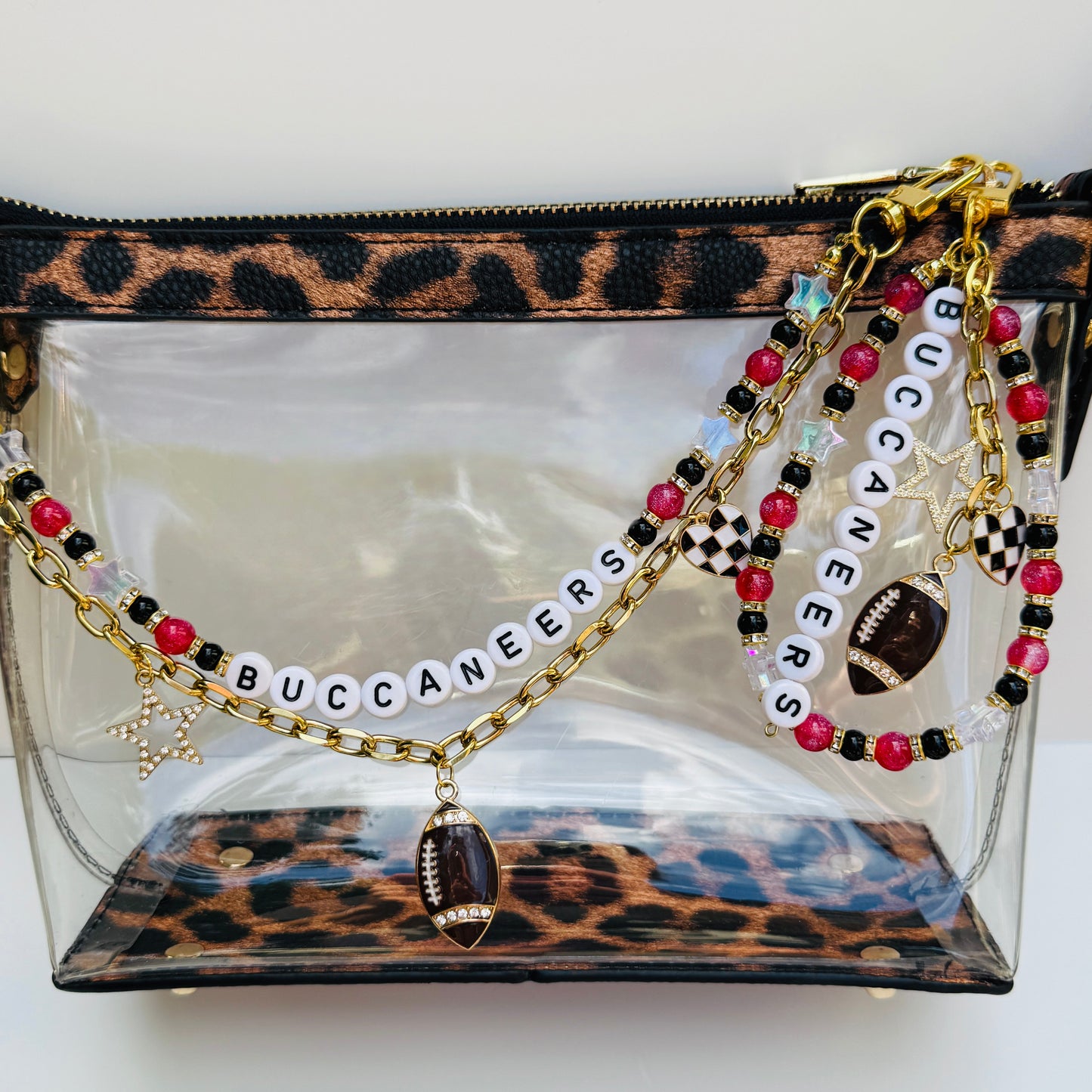 Buccaneers Beaded Bag Charm or Gold Chain:  Football Purse Accessory