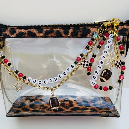 Buccaneers Beaded Bag Charm or Gold Chain:  Football Purse Accessory