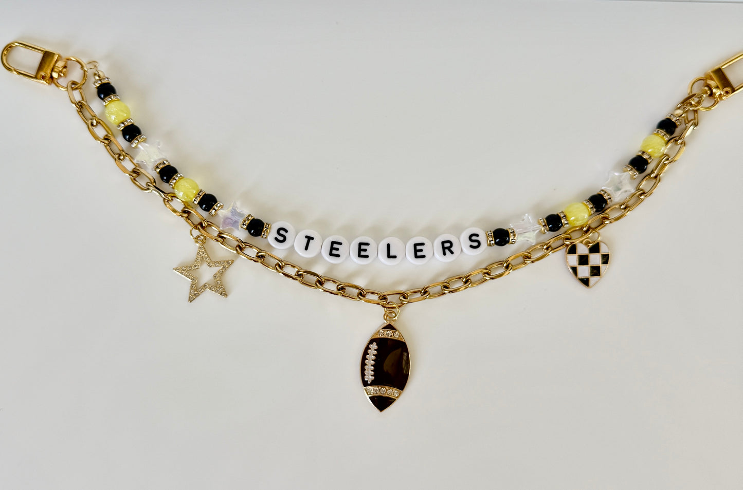 Steelers, Yellow & Black Beaded Bag Charm or Gold Chain – Football Purse Accessory, 6” Beaded Charm, 12.5” Chain, Custom Game Day Fit