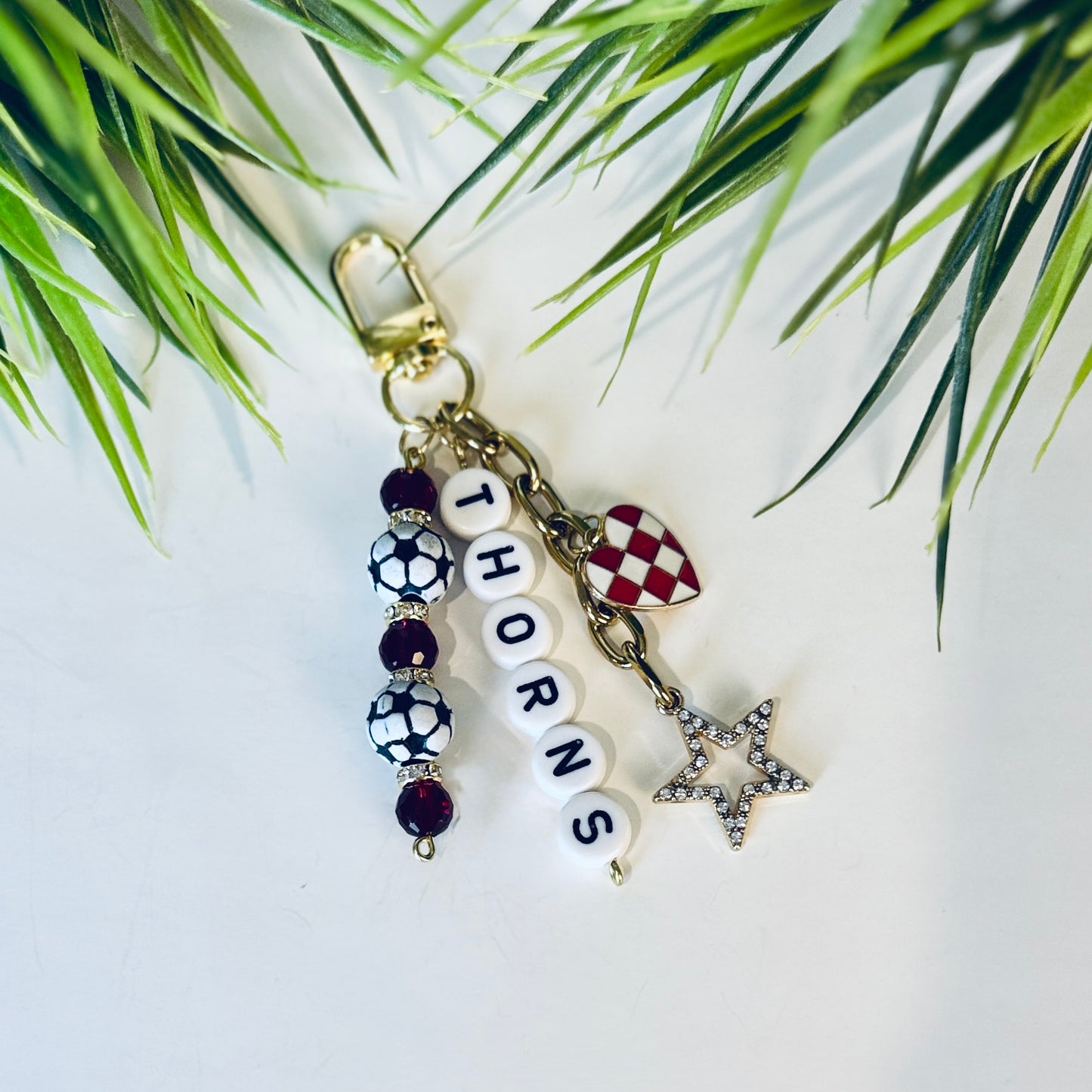 Women's Soccer Bag Charm Beaded Keychain: Custom Team and Colors with Gold Star Charm, Soccer Beads