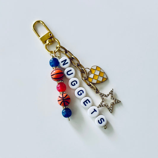 Nuggets Basketball Keychain – Gold, Blue & Red Beaded Keychain with Star and Heart Charms