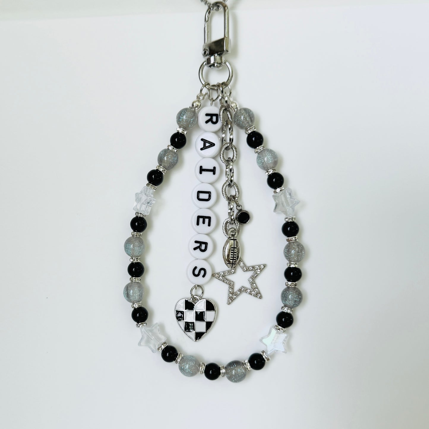 Raiders Beaded Bag Charm or Chain: Black & Silver Game Day Accessory