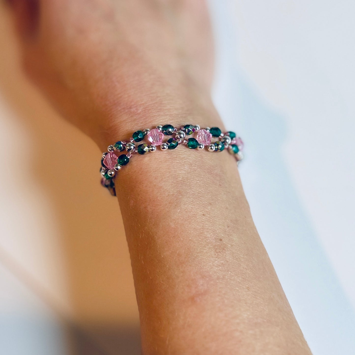 Wicked Inspired Bracelet: Green and Pink Glass Beads with Gold or Silver Accents